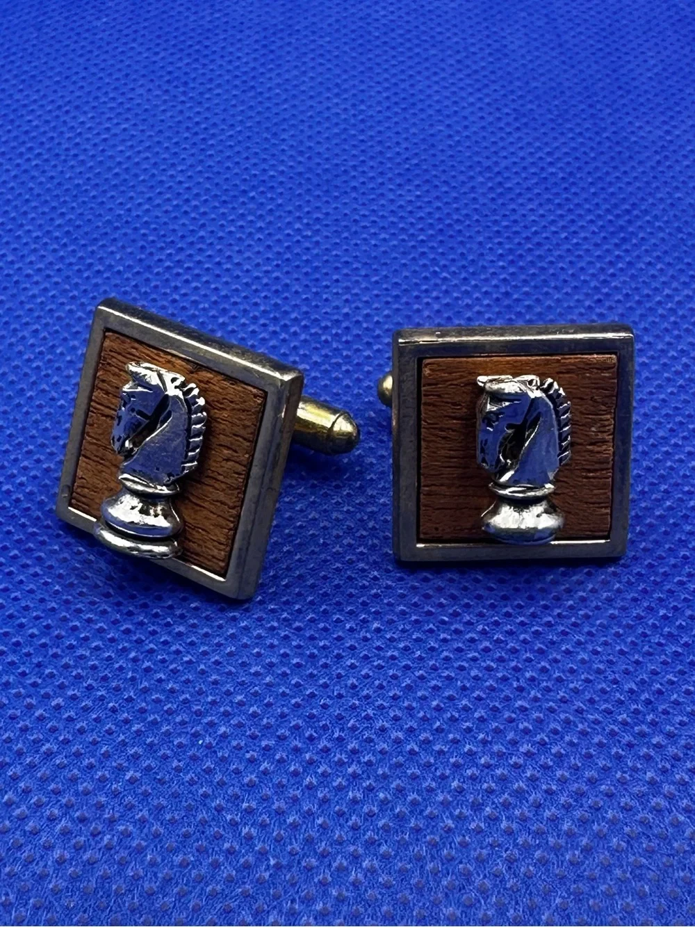 Silvertone Knight Chess Piece Mounted on a Wood Inlay Cufflinks